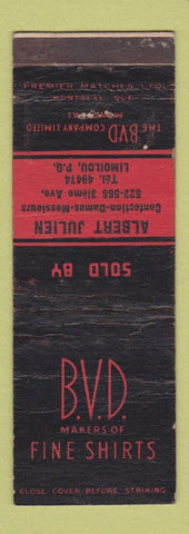 Matchbook Cover - BVD Men's Shirts Albert Julien Limoilou QC WEAR