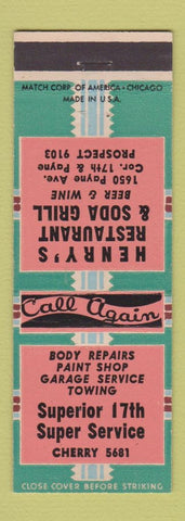 Matchbook Cover - Henry's Restaurant Soda Grill Superior 17th garage