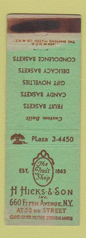 Matchbook Cover - H Hicks & Son New York City Baskets Gifts WORN