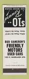 Matchbook Cover - Bud Cameron's Used Cars Kokomo IN