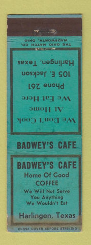 Matchbook Cover - Badwey's Cafe Harlingen TX WEAR