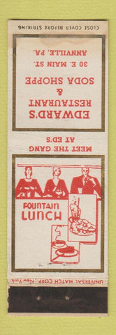 Matchbook Cover - Edward's Restaurant Soda Shoppe Annville PA WEAR