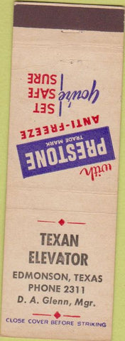 Matchbook Cover - Texan Elevator Edmonson TX Prestone Anti Freeze
