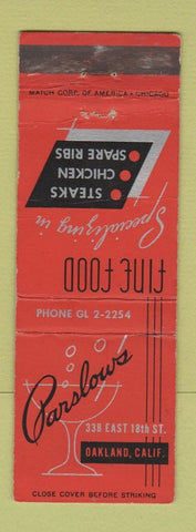 Matchbook Cover - Parslows Oakland CA restaurant WEAR