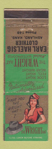 Matchbook Cover - Wright Hats Earl Haelsig Ashland KS low phone # girlie WORN