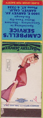 Matchbook Cover - Campbell's service oil gas Garvey CA pinup