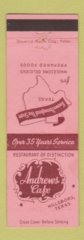 Matchbook Cover - Andrews Cafe Hillsboro TX
