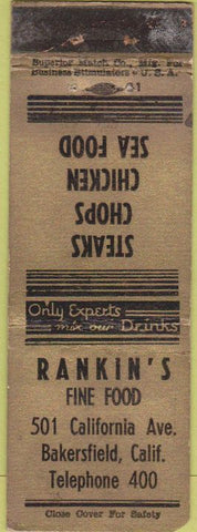 Matchbook Cover - Rankin's Restaurant Bakersfield CA WORN