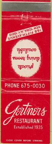 Matchbook Cover - Gertners Restaurant New York City