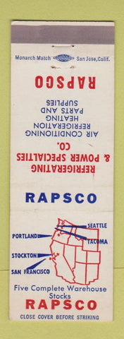 Matchbook Cover - Rapsco Refrigerating Power Seattle Tacoma WA Stockton CA