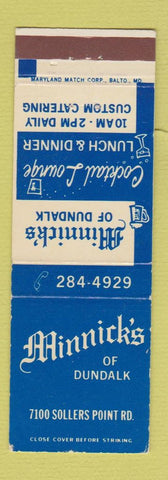 Matchbook Cover - Minnick's of Dundalk MD restaurant
