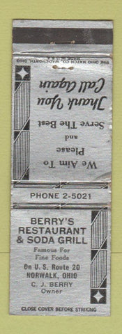 Matchbook Cover - Berry's Restaurant Soda Grill Norwalk OH WEAR