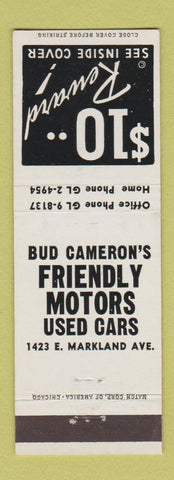 Matchbook Cover - Bud Cameron's Used Cars Kokomo IN