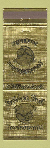Matchbook Cover - Golden Bull Restaurants West Los Angeles Gardena El Monte CA