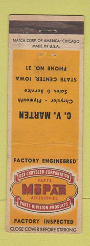 Matchbook Cover - Mopar CV Marten Chrysler Plymouth State Center IA WEAR