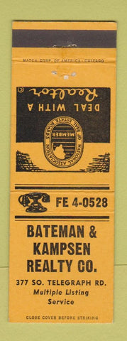 Matchbook Cover - Bateman & Kampsen Real Estate Pontiac? MI WEAR