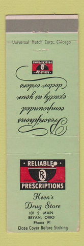 Matchbook Cover - Keen's Drug Store Bryan OH low phone # WEAR