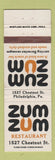 Matchbook Cover - Zum Zum Snack Bar Bavarian Sausages Philadelphia PA WEAR