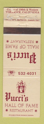 Matchbook Cover - Pucci's Hall of Fame Restaurant Torrance CA POOR