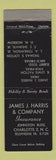 Matchbook Cover - James Harris Insurance Charlotte NC