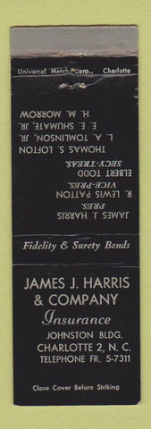Matchbook Cover - James Harris Insurance Charlotte NC