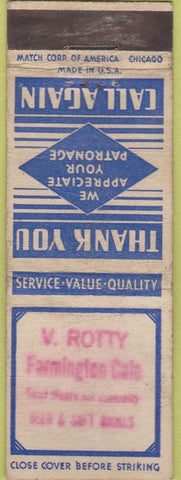 Matchbook Cover - V Rotty Farmington Cafe STAMPED WORN