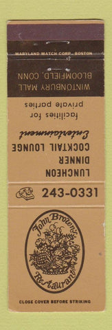 Matchbook Cover - John Brown's Restaurant Bloomfield CT