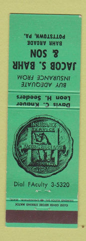 Matchbook Cover - Jacob Bahr & Son Insurance  Pottstown PA