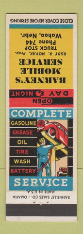 Matchbook Cover - Barney's Mobil oil gas Wahoo NE Low phone # Rudy Novak