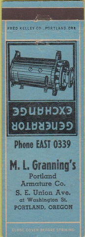 Matchbook Cover - M.L Grannings Portland OR Generators