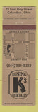 Matchbook Cover - K's Restaurant Columbus OH