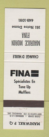 Matchbook Cover - Fina Mufflers Maurice Morin oil gas? Maniwaki QC