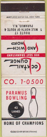 Matchbook Cover - Paramus Bowling NJ WEAR