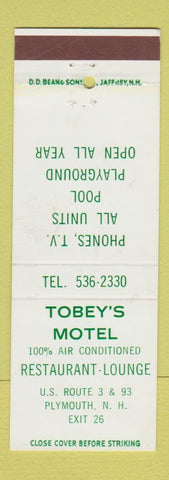 Matchbook Cover - Tobey's Motel Plymouth NH DD Bean