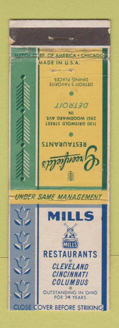 Matchbook Cover Mills Restaurants Cleveland Cincinnati Columbus OH Detroit WEAR