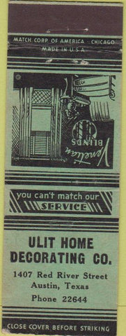 Matchbook Cover - Ulit Home Decorating Austin TX Venetian Blinds green