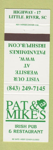 Matchbook Cover - Pat & Mike's Irish Pub Little River SC