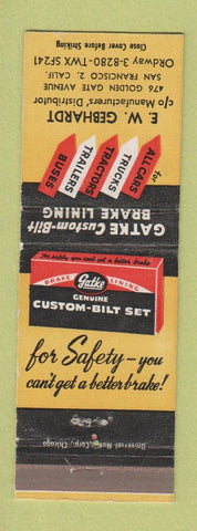 Matchbook Cover - Gatke Brake Lining EW Gebhardt San Francisco CA
