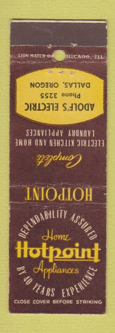 Matchbook Cover - Hotpoint Appliances Adolf's Electric Dallas TX low phone #