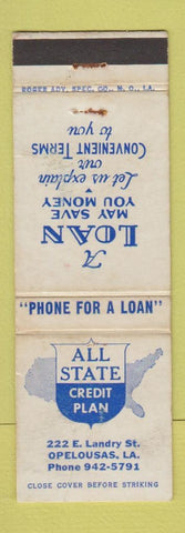 Matchbook Cover - All State Credit Plan Opelousas LA WORN