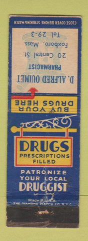 Matchbook Cover - D Alfred Ouimet Drug Store Foxboro MA WORN