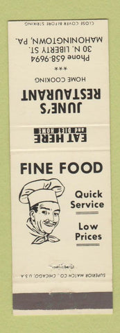 Matchbook Cover - June's Restaurant Mahoningtown PA