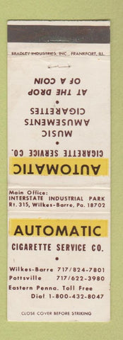 Matchbook Cover - Automatic Cigarette Service Vending Wilkes Barre Pottsville PA
