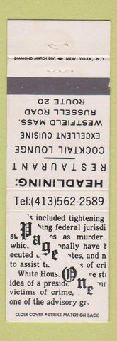 Matchbook Cover - Page One Restaurant Westfield MA