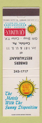 Matchbook Cover - Quality Motel Embers Restaurant Carlisle PA