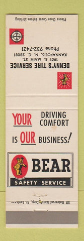 Matchbook Cover - Denny's Tire Service Kannapolis NC Bear Service