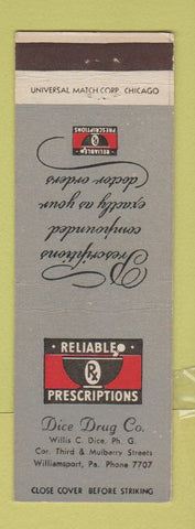 Matchbook Cover - Dice Drug Company Williamsport PA