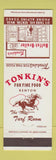 Matchbook Cover - Tonkin's Restaurant Renton WA