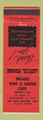 Matchbook Cover - Milano Wine & Liquor Corp Hempstead LI NY