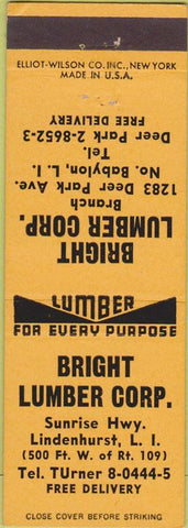 Matchbook Cover - Bright Lumber Corp Lindenburst LI NY North Babylon